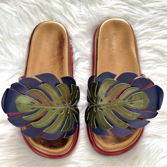 Farm Rio Bronze And Blue Monstera Anatomic Slide Sandal Size 10 - Picture 9 of 14